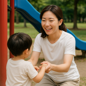 公園で子どもと遊びながらエアリズムTシャツで快適に過ごす日本人母親の姿。