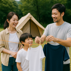 キャンプ場でエアリズムのインナーを干している日本人家族。