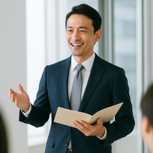 オフィスでエアリズムインナーを着用し、自信を持ってプレゼンする日本人ビジネスパーソン。