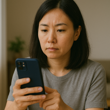 スマホで格安ECサイトを見つめながら冷静に判断している日本人女性の上半身