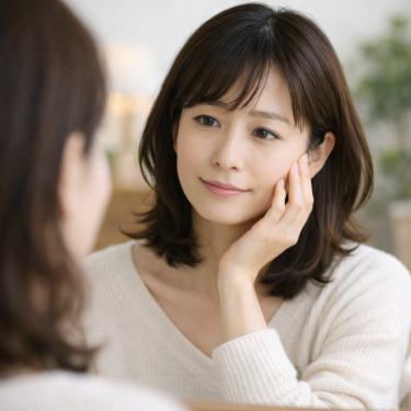 穏やかな表情で鏡を見つめ、自分の肌と向き合う日本人女性