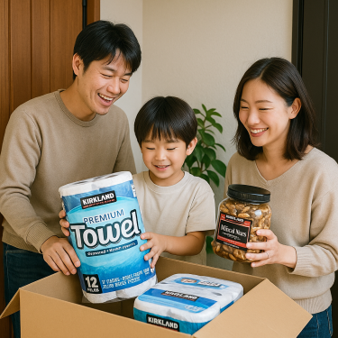 玄関先に届いた段ボール箱を開けて、ペーパータオルやミックスナッツなどコストコ系アイテムを取り出している日本人家族の写真風イメージ