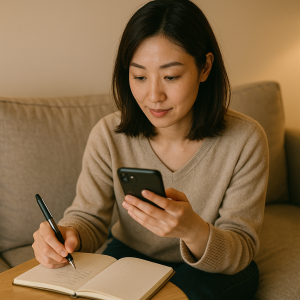 ソファに座ってスマホで楽天のレビューをスクロールしながら、メモ帳に買うべき神アイテムを書き出している日本人主婦の写真風イメージ