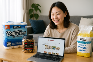 リビングのテーブルにコストコ風の大容量商品とノートパソコンを並べ、楽天の画面を見比べながら微笑む日本人主婦の写真風イメージ