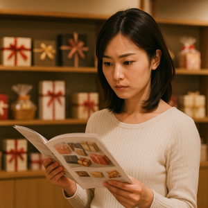 京王百貨店のギフトコーナーをイメージした店内で、贈答用カタログと商品棚を見比べながら真剣に選んでいる日本人女性の写真