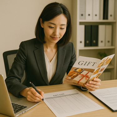 ビジネス用の書類とともに、京王ネットショッピングのギフトカタログを広げ、取引先への贈答リストを整理している日本人女性の写真