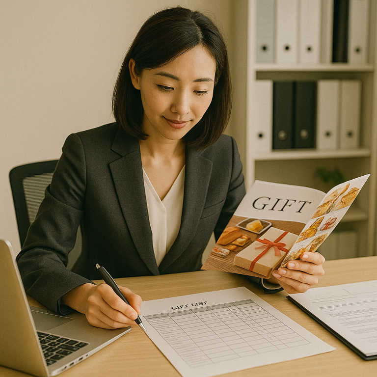 ビジネス用の書類とともに、京王ネットショッピングのギフトカタログを広げ、取引先への贈答リストを整理している日本人女性の写真