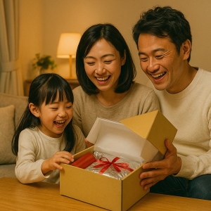 お歳暮シーズンを思わせるリビングで、京王ネットショッピングから届いたギフト箱を家族と一緒に開けて喜んでいる日本人家族の写真風イメージ