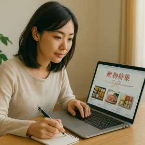 パソコン画面で京王ネットショッピングの贈答品特集ページを見ながら、候補商品をメモしている日本人女性の写真風イメージ