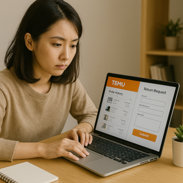 ノートパソコン画面のTemu注文履歴と、返品申請フォームを見比べながら操作している日本人女性の写真風イメー