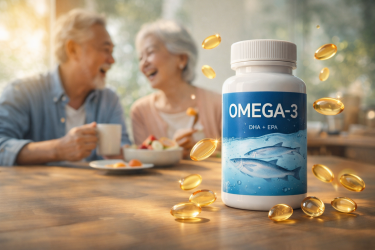 AFC（エーエフシー）のオメガ3サプリメントボトルと、背景で健康的な朝食を楽しむ笑顔のシニア夫婦