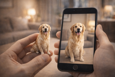 手のひらに乗った精巧なペットの3Dフィギュアと、その元となったスマホ写真を並べた比較画像。AI技術によるオーダーメイド制作のイメージ。