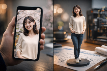 スマートフォンに表示された思い出の写真と、そこから精密に再現されたフルカラー3Dフィギュアがデスクに並んでいる様子。2次元から3次元への進化を表現した画像。