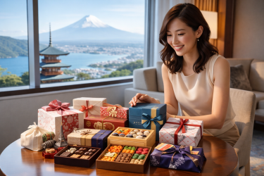 旅行先でJTBショッピングのお土産事前購入サービスを利用し、身軽に観光を楽しむ30代女性の笑顔