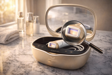 清潔な洗面台に置かれた家庭用美容器ケノン。検証を象徴する虫眼鏡越しに、高級感のあるゴールドの本体と照射レンズが映し出されている様子。