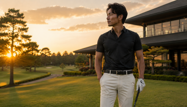 高級感のあるゴルフウェアを着用し夕方のクラブハウス前に立つ日本人男性ゴルファー